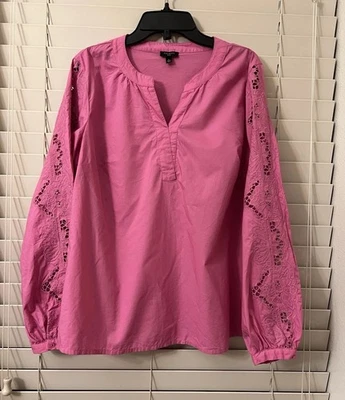 Blusa Talbots Feminina Pequena Rosa Quente Gola Dividida Renda Manga Longa Top - Imagem 1 de 4