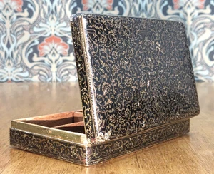 Antique Indian Brass Niello Black Enamel Humidor Trinket Box Early 20th Century - Picture 1 of 13