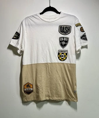 Guess Men's Colorblock T-Shirt Size Large White Tan Racing Moto Patch Tee - Image 1 of 4