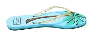 Kate Spade Nassau Flip-Flops Flat Thong Sandals Palm Tree Blue Gold, Size 9 - Picture 1 of 4