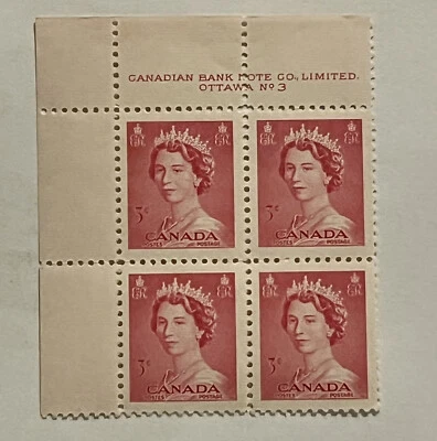 GENUINE CANADA 3C MNH OG CORNER BLOCK OF 4 STAMPS PLATE TABS QUEEN ELIZABETH II - Image 1 of 2