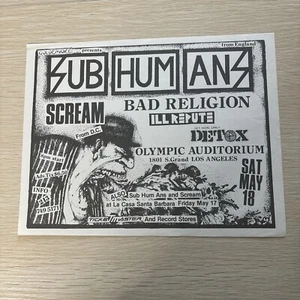 ORIGINAL 1980'S Subhumans BAD RELIGION SCREAM ILL REPUTE CONCERT FLYER PUNK - Picture 1 of 2