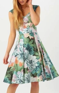 VESTIDO MIDI ACAMPANADO FASE OCHO EDEN ROSA VERDE MELOCOTÓN FLORAL AÑOS 50 14 DOS £140 - Imagen 1 de 8