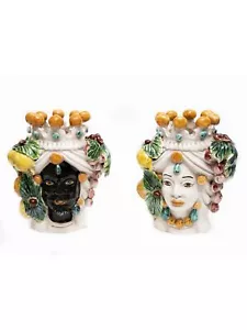 Coppia teste di moro h30 cm in ceramica di caltagirone sicilia decoro uva - Foto 1 di 4