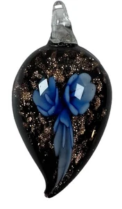 Black Hand Blown Glass Blue Floral Swirl Murano Style Pendant 1.75” - Picture 1 of 10