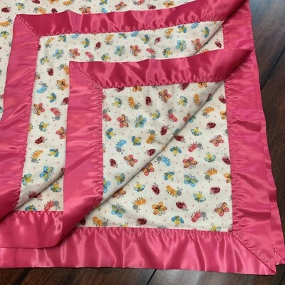 VTG White Flannel Baby Blanket Butterflies Caterpillars Ladybugs Pink Satin Trim - Image 1 of 4
