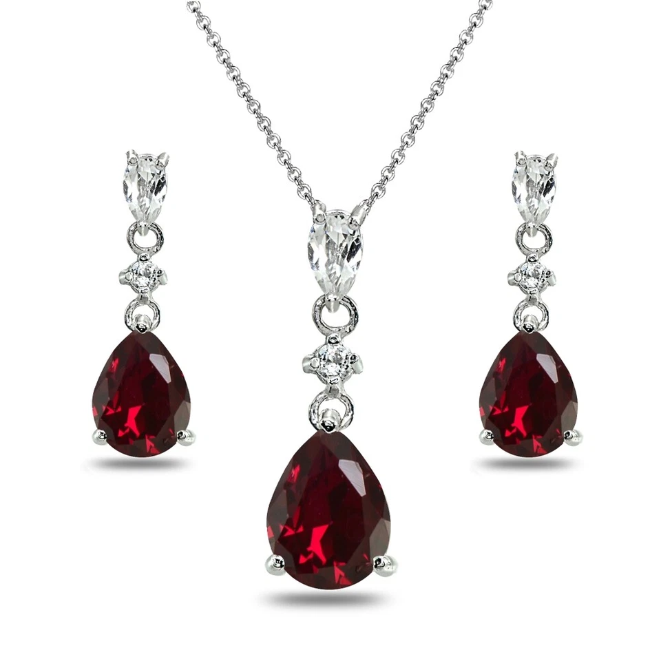 Juego de aretes y collar de plata de ley con topacio blanco y rubí creado talla pera Foto 1 de 3