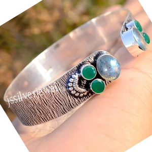 Green Onyx, Blue Fire Labradorite Gemstone Bangle 925 Sterling Silver Bracelet - Picture 1 of 5