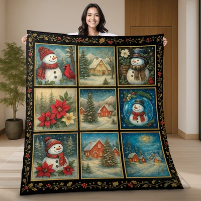 Retro Snowman Patchwork Christmas Snowy Winter Cabin Xmas Quilt Blanket - Image 1 of 4