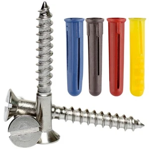 No6 No8 No10 No12 Stainless Slotted Countersunk Wood Screws + Coloured Wall Plug - Picture 1 of 81
