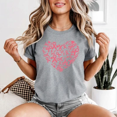 PRINTVOLT Pink Ribbon Heart Breast Cancer Awareness Womens T-Shirt Support Tee