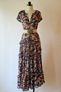 Maxi Vestido Largo Romántico Sundance Azul Marino Floral con Volantes en Niveles Cottagecore para Mujer XS - Imagen 1 de 24