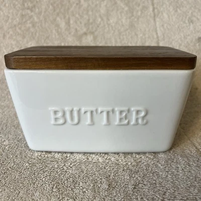 Better Homes & Gardens White Butter Dish Wooden Lid 6 Inches Farmhouse Style - Image 1 of 4