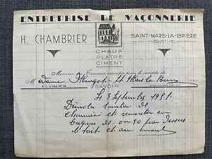 Antique Invoice Chamber Company Masonry St Mars la brière sarthe 1951 - Picture 1 of 1