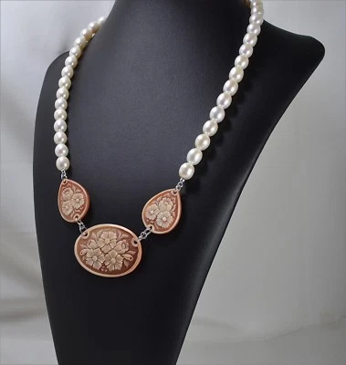 COLLANA IN ARGENTO 925 CON PERLE E CAMMEI A GOCCIA IN CORNEOLA FIORI AGLN 0118 - Immagine 1 di 3