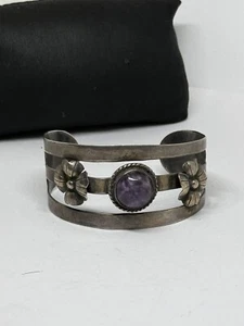 Mexico 925 Sterling silver wide Cuff Bracelet purple stone - Picture 1 of 5