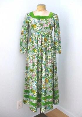 Vtg 60s 70s Green Pink Floral Empire Babydoll Festival Dress Velvet Trim XS/S - Image 1 of 4