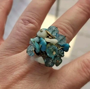 Crystal And Turquoise Cluster Stretch Ring Goldtone One Size  - Picture 1 of 3