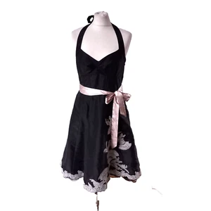 Karen Millen 12 UK Vintage Black Halterneck Oriental Fan Embroidered Flare Dress - Picture 1 of 15