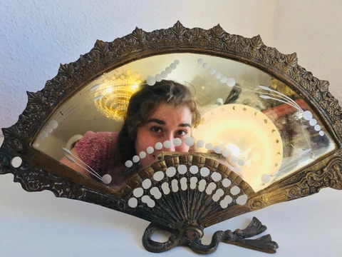 8.5" x 15" Antique Bronze Fan Shaped Vanity Boudoir Etched Mirror Frame Spanish Cover