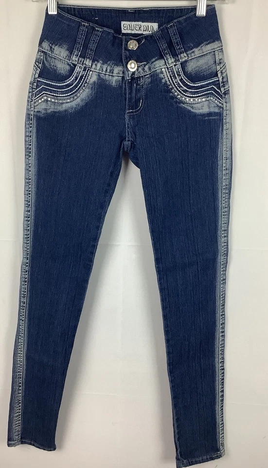 Pantalones de mezclilla Levanta Cola plateados para mujer elásticos push-up estilo colombiano, talla 3 Foto 1 de 4