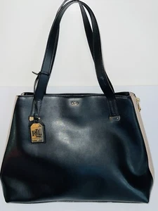 Ralph Lauren Black and Beige Leather Large Tote Handbag Expanding Side 12x19.5" - Picture 1 of 15