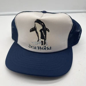 Vintage Sea World SnapBack Hat Mesh Back Trucker Whale 1986 Blue - Picture 1 of 8