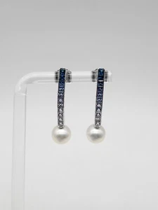 COOL $4000 Natural FRENCH CUT Blue Sapphire 7mm Pearl 18k White Gold Earrings - Picture 1 of 8