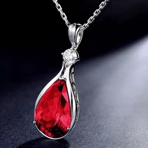 925 Sterling Silver Womens 18" Elegant Red Garnet Gemstone Pendant Necklace D349 - Picture 1 of 7
