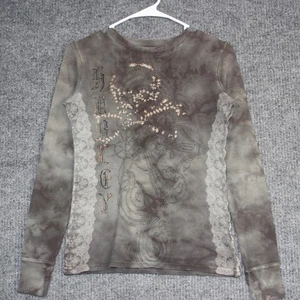 Y2K Hurley Top Gray Long Sleeve Grunge Embellished Thermal Shirt M Skater - Picture 1 of 7