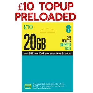 £10 Pre Loaded EE SIM CARD NANO - MICRO - STANDARD GET 8GB UNLIMITED CALLS TEXT - Picture 1 of 4
