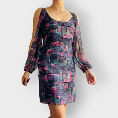 Vestido de seda Tracy Reese Frock manga larga transparente en capas cuello redondo hombro frío S Foto 1 de 4