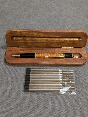 Pluma de placa de circuito naranja genuina resina cristalina, caja de madera + 9 recargas de tinta. Foto 1 de 4
