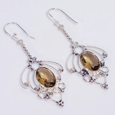 Smoky Quartz Gemstone Vintage Handmade 925 Sterling Silver Earrings 2.5" k348 - Image 1 of 4