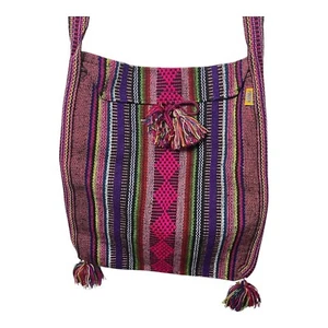 Boho Rainbow Stripe Crossbody Bag – Large Woven Tassel Hippie Shoulder Bag, Pink - Picture 1 of 3
