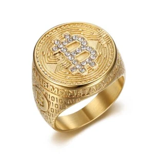 Iced Out Bitcoin Symbol Ring Stainless Steel Plated Gold Men Hip Hop Size 7-13 - Picture 1 of 8
