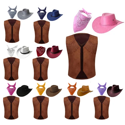 Niños Niñas Disfraz de Vaquero Conjunto de 3 Piezas Niños Vaquera Conjunto Carnaval Sombrero Flecos Chaleco Foto 1 de 3