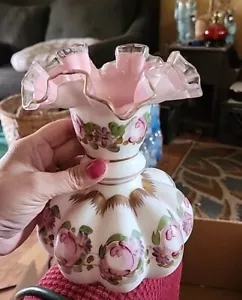 Fenton Pink Cranberry Melon 8,5" Vase Goldrand handbemalt Rosen Vintage - Bild 1 von 8