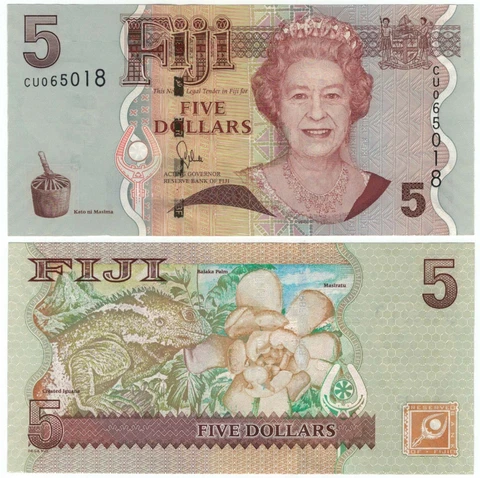 Fiji 5 Dollars (2007/2012) - Queen Elizabeth/Iguana/Flower/p110b UNC Cover
