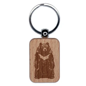 Standing Asian Black Bear White Chested Moon Bear Engraved Wood Keychain - Picture 1 of 6