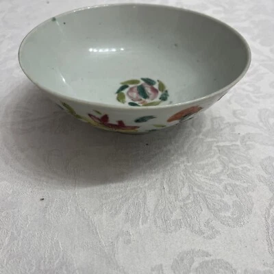 Antique Chinese Porcelain Bowl Gray to Bluish Pottery Floral Multicolor Signed - Image 1 of 4