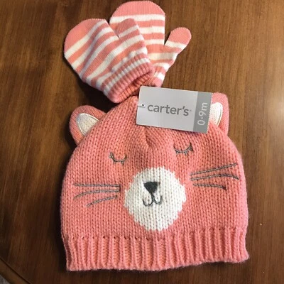 NWT Carter’s Cat Hat And Mittens Set 0-9 Months Pink - Image 1 of 4