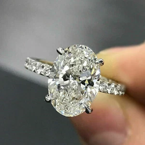Oval Cut 2 Ct Solitaire Simulated Diamond Engagement Ring 14K White Gold Plated - Picture 1 of 5