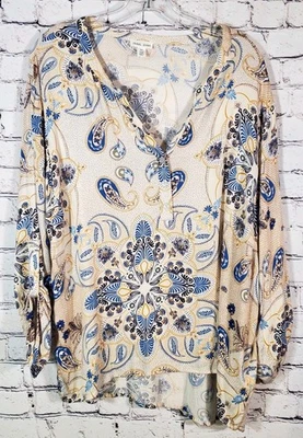 Tribal Jeans Blue Beige Paisley Long Roll Tab Sleeve V-Neck Rayon Blouse  Size L - Image 1 of 4