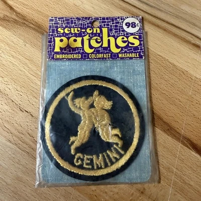 Vintage Gemini Zodiac Embroidered Sew-On Patch Black Gold Round Made in USA - Image 1 of 4