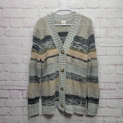 Cárdigan Suéter Cabi Grueso Tejido Novio Mujer S Cuello Rayas Neutro Preppy Foto 1 de 4