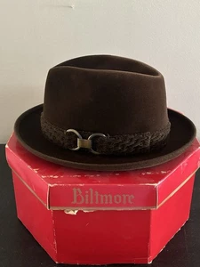 Vintage brauner Biltmore Verrett Fedora Hut OVP gebändert - Bild 1 von 9