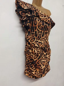 Forever Unique Ladies Dress Size 10 One Shoulder Ruffle Brown Multi Leopard - Picture 1 of 12
