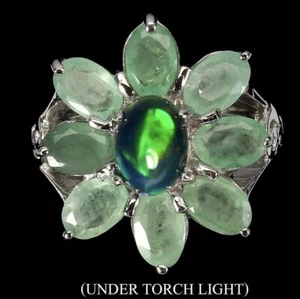 Natural Oval Black Opal Rainbow Full Flash Emerald Sterling Silver Ring Size 7 - Picture 1 of 3