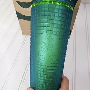 BRAND NEW 2022 Starbucks MATTE Green JELLY Irridescent Grid Tumbler Straw 24oz - Picture 1 of 5